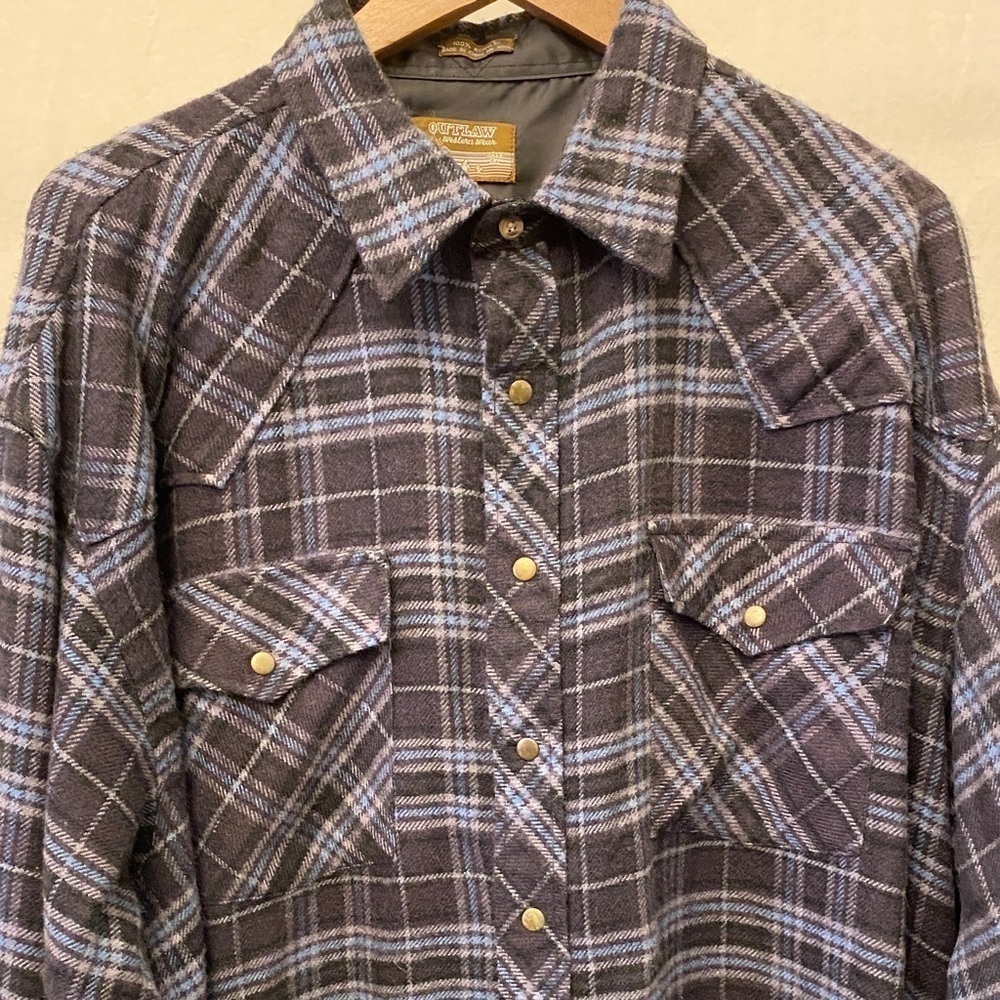 Outlaw 2XLT Western Wear Flannel Mens Shirt Blue Gray Snaps Closure Cowboy Shirt - Picture 3 of 7